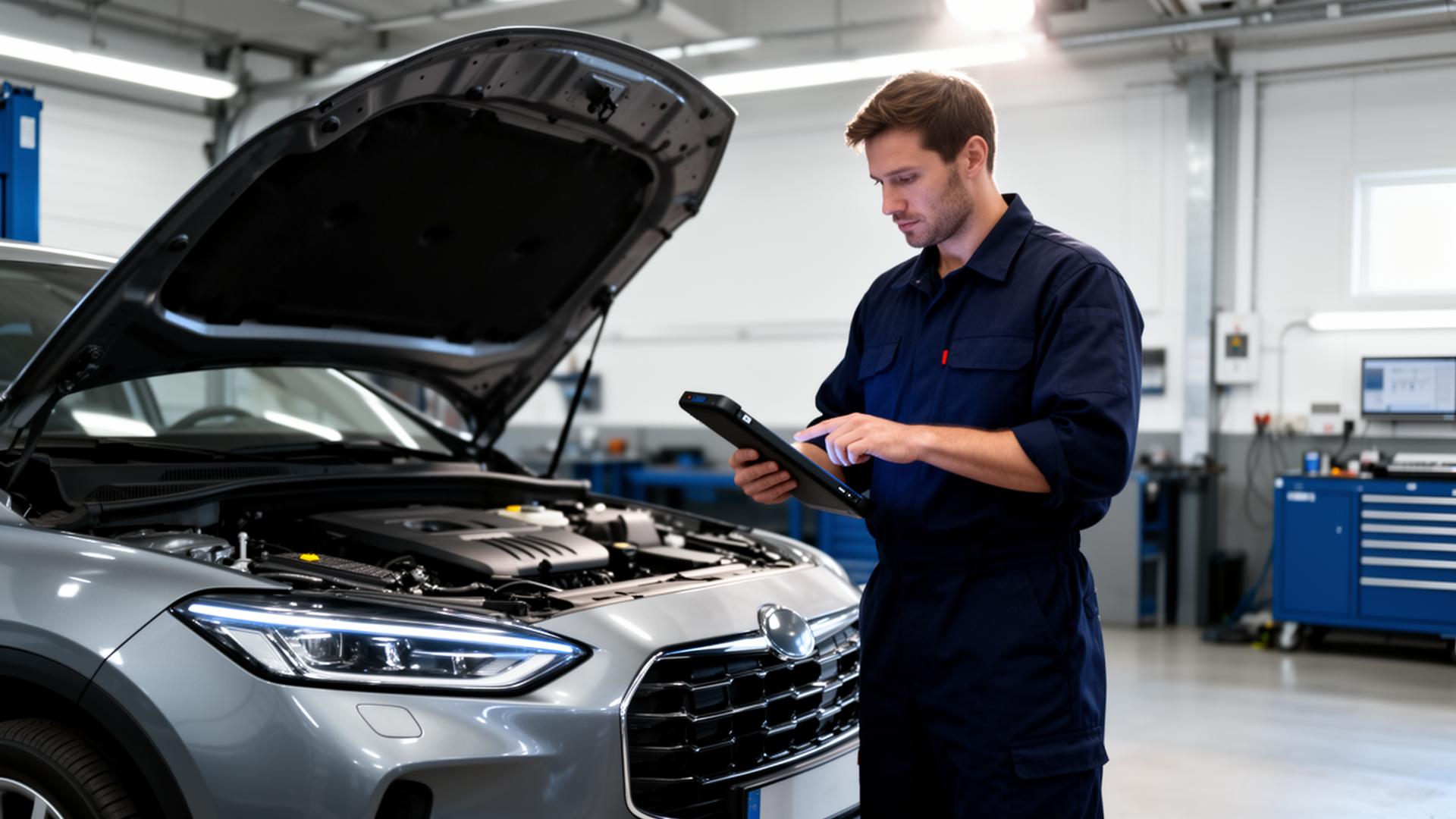 Mechanic inspecting a car in the Ellon Car Clinic workshop